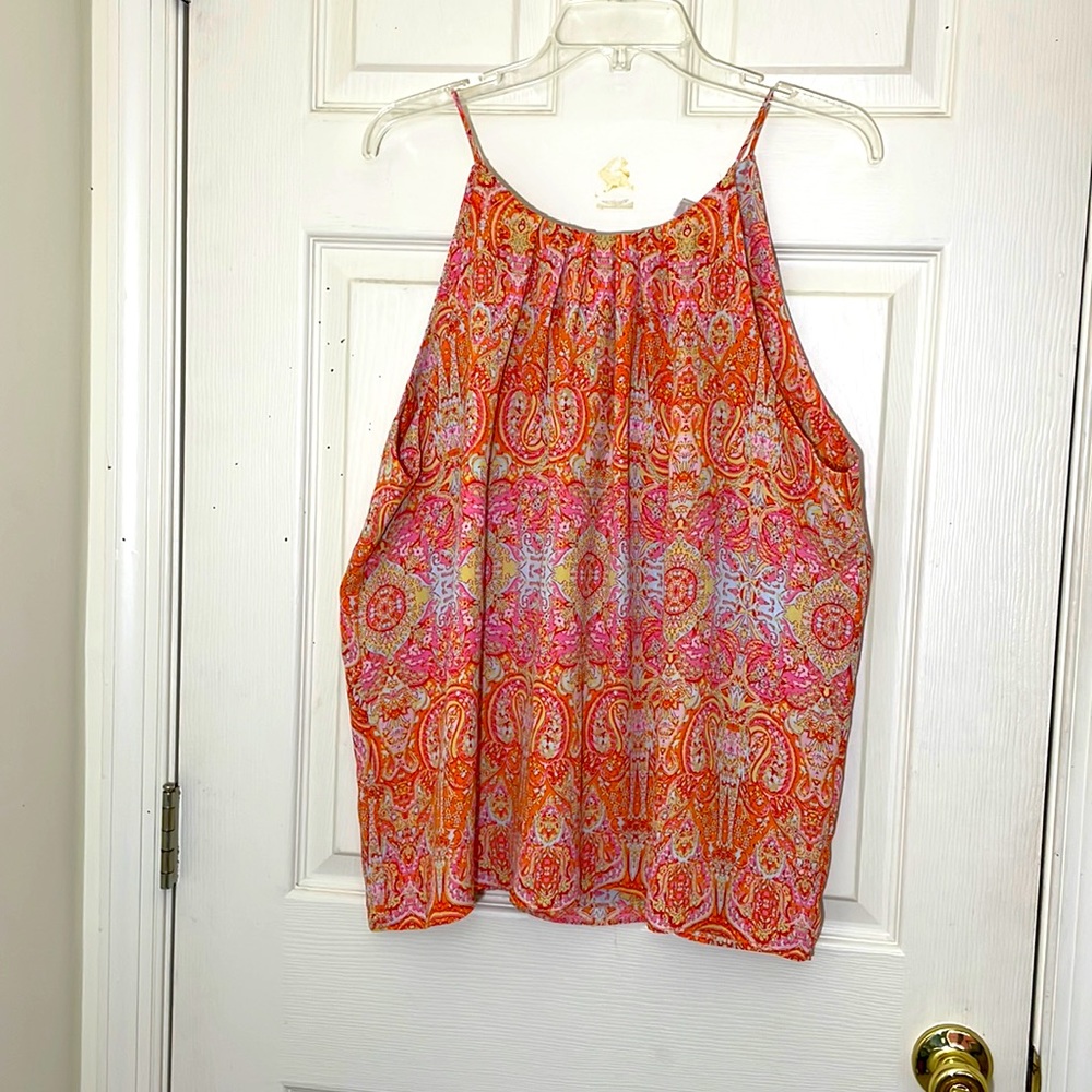 Spaghetti Strap Parsley Print Orange Flowy Fully Lined Top Size XL